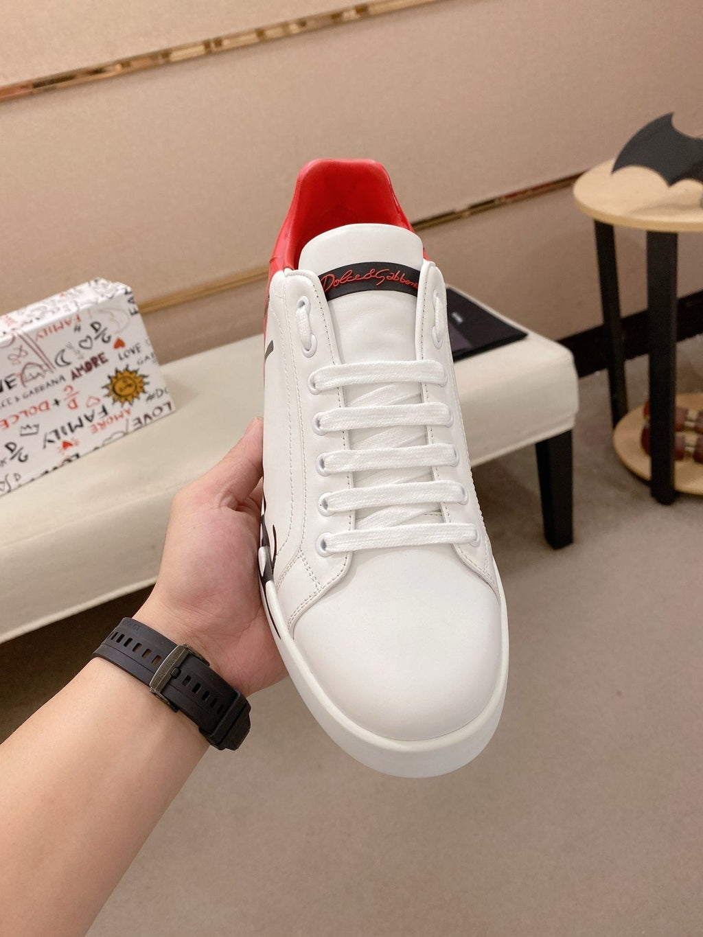 Dolce & Gabbana Men's Graphic Heel Low-Top Sneakers - White, Red & Black